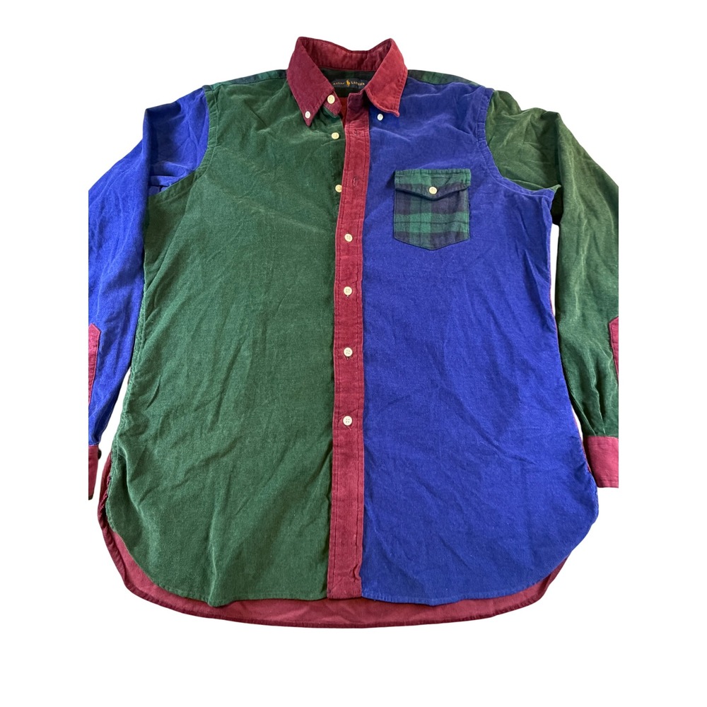 Ralph Lauren Colorblock Corduroy Shirt Mens Large Green Blue Burgundy Plaid